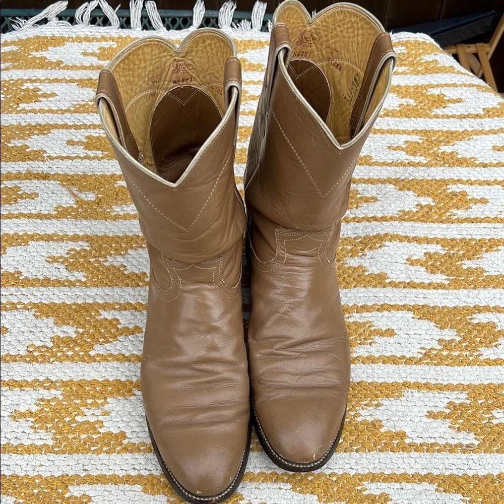 Justin Ropers Classic Tan Leather Cowboy Boots Goodyear Oil Resistant Sole Work - Picture 16 of 16